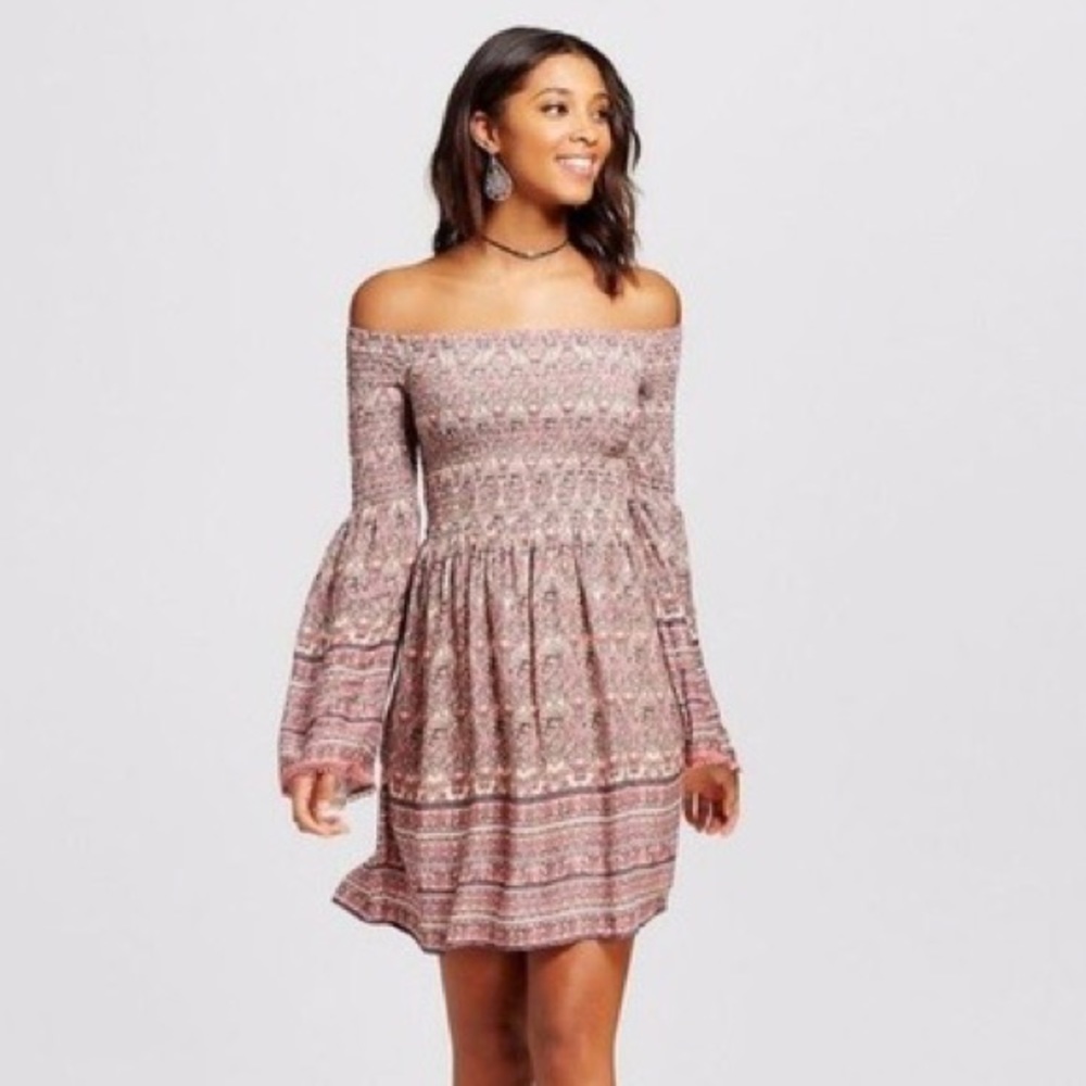 Smocked off the shoulder wide sleeve dress